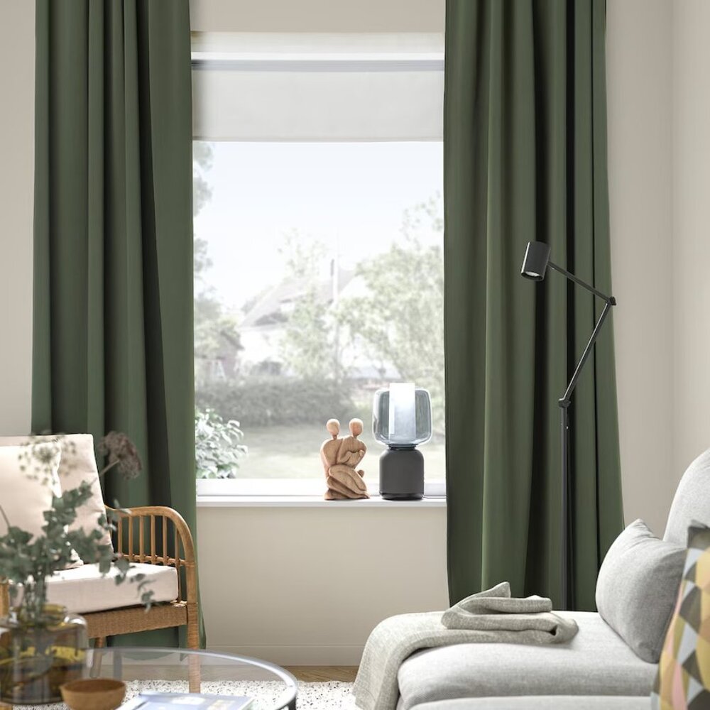 IKEA MAJGULL Black-out Curtains, 1 Pair, Dark Green Olive, 57x84 505.910.00 New